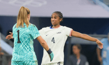 Naomi Girma and Alyssa Naeher celebrate another strong defensive performance at the 2024 Paris Olympics