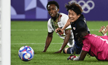 Rihito Yamamoto watches his second goal of the Olympics cross the line