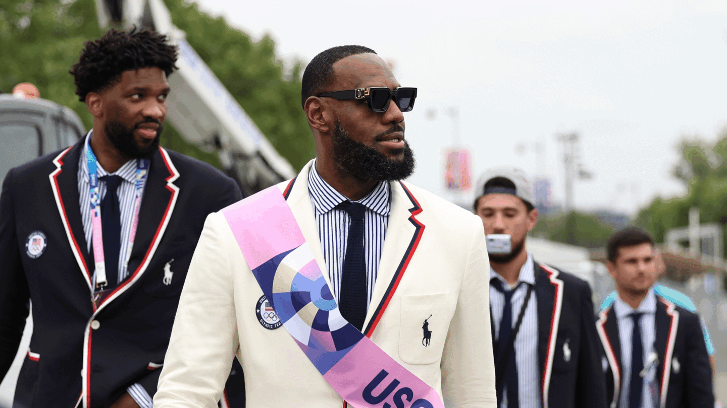 LeBron James and teammates at the Opening Ceremony for the 2024 Paris Olympics