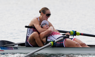 Azja Czajkowski and Jess Thoennes react after the women's pair semifinal rowing race during the Paris Olympic Games at Vaires-sur-Marne Nautical Stadium.