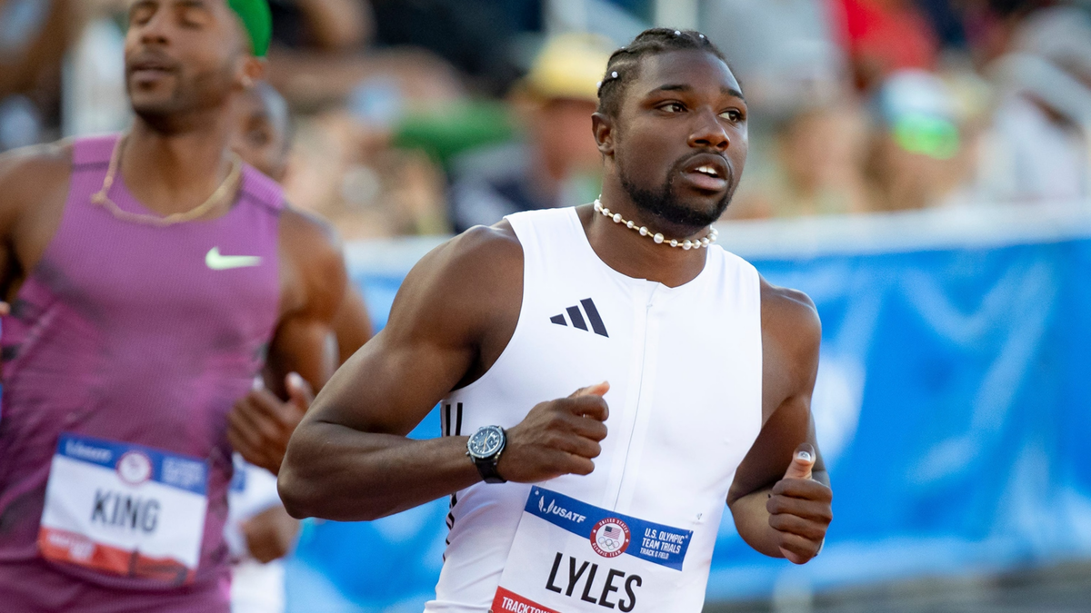 Noah Lyles wins the first round in the men’s 100m dash during Day 2 of the U.S. Olympic Track and Field Trials at Hayward Field in Eugene