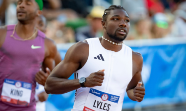 Noah Lyles wins the first round in the men’s 100m dash during Day 2 of the U.S. Olympic Track and Field Trials at Hayward Field in Eugene