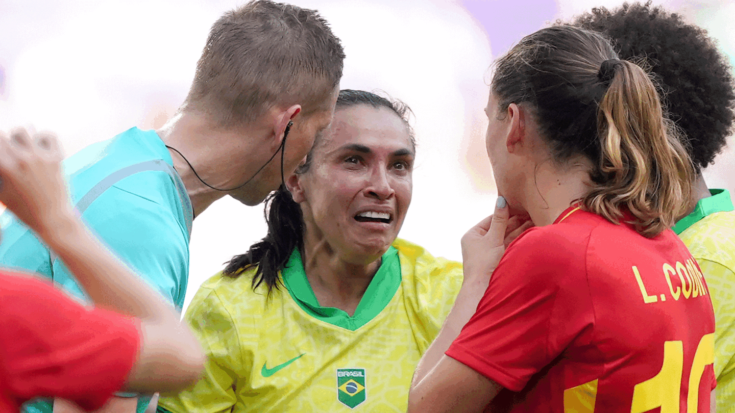 A distressed Marta is in tears after being shown a red card for Brazil vs Spain