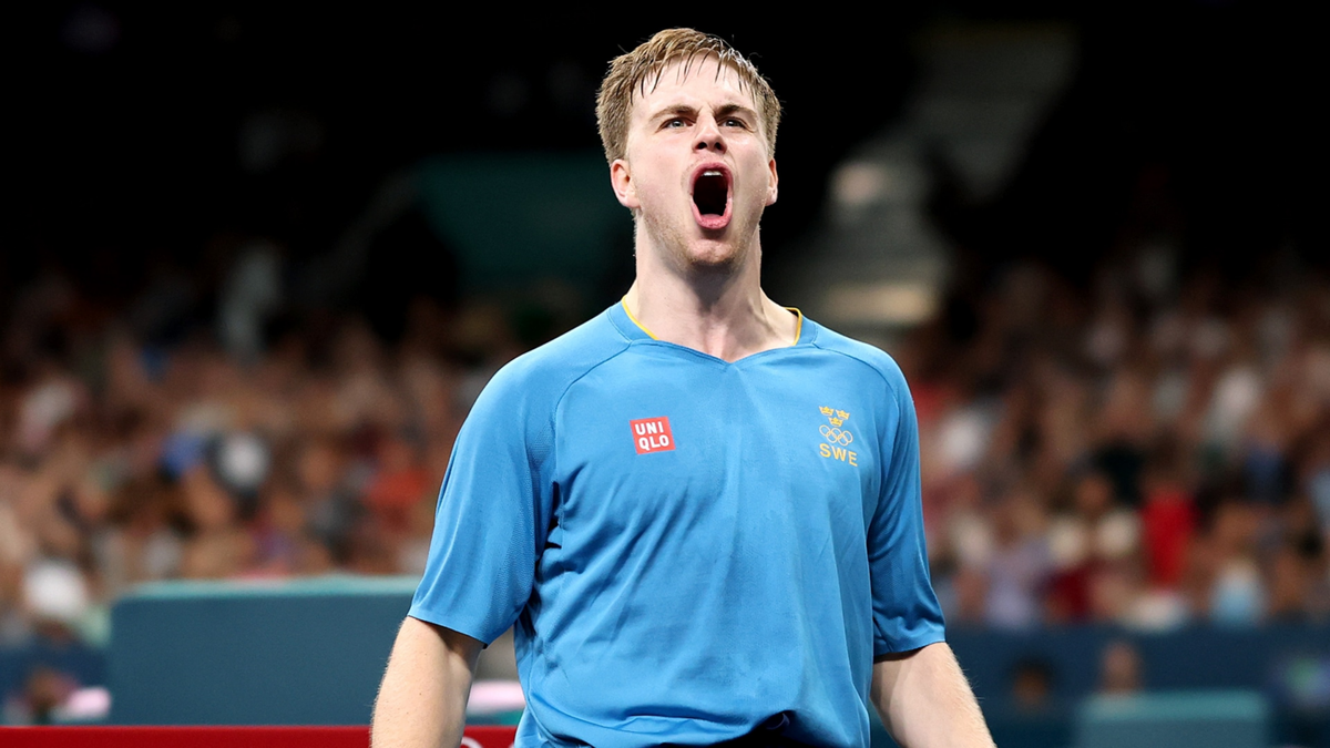 Truls Moregard of Sweden reacts after taking down Chuqin Wang of China at South Paris Arena.