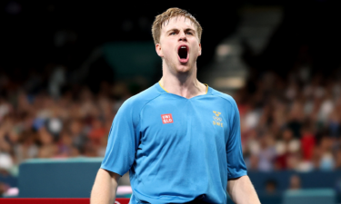 Truls Moregard of Sweden reacts after taking down Chuqin Wang of China at South Paris Arena.