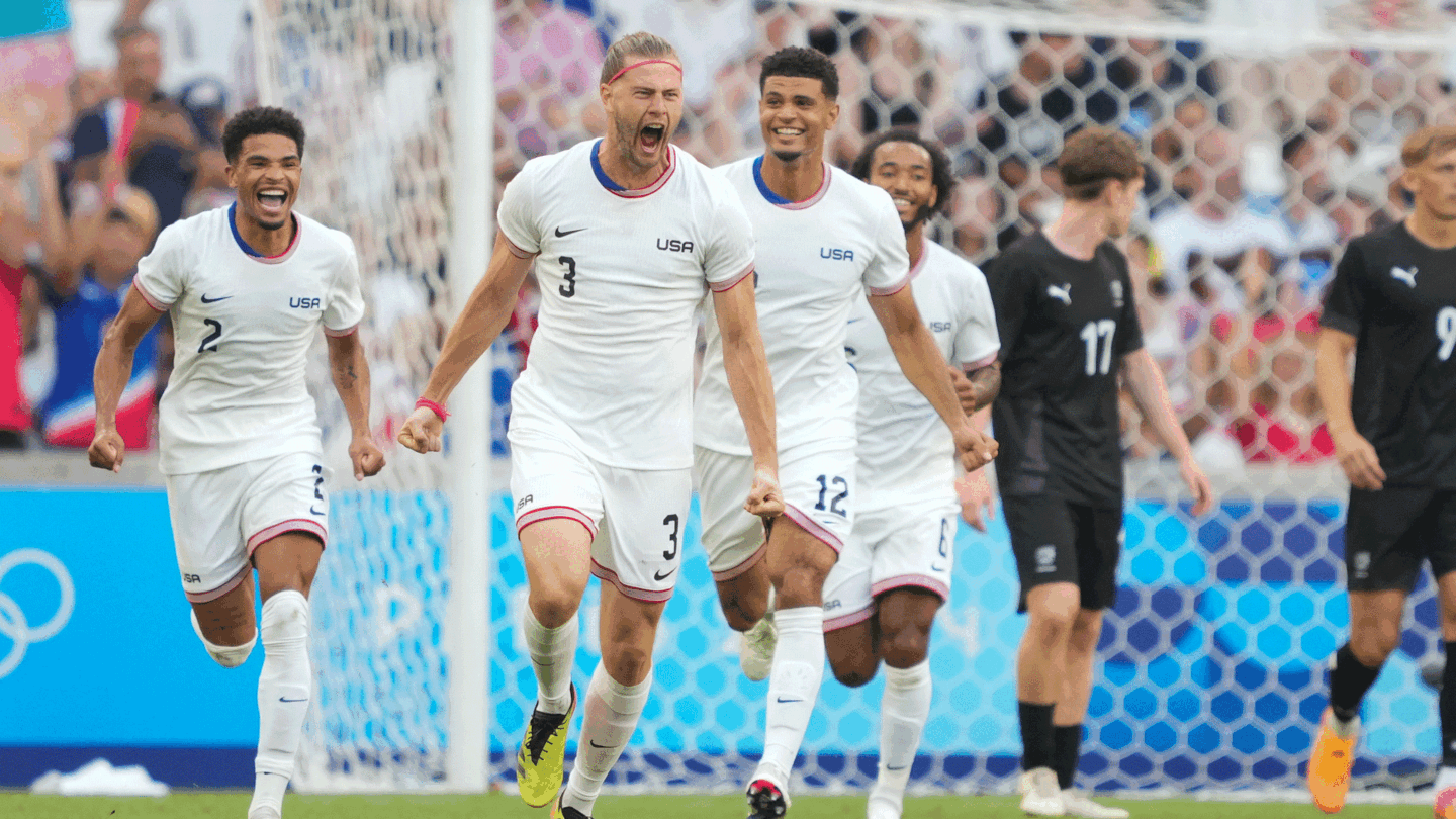 Walker Zimmerman celebrates the U.S. goal versus New Zealand at the 2024 Paris Olympics