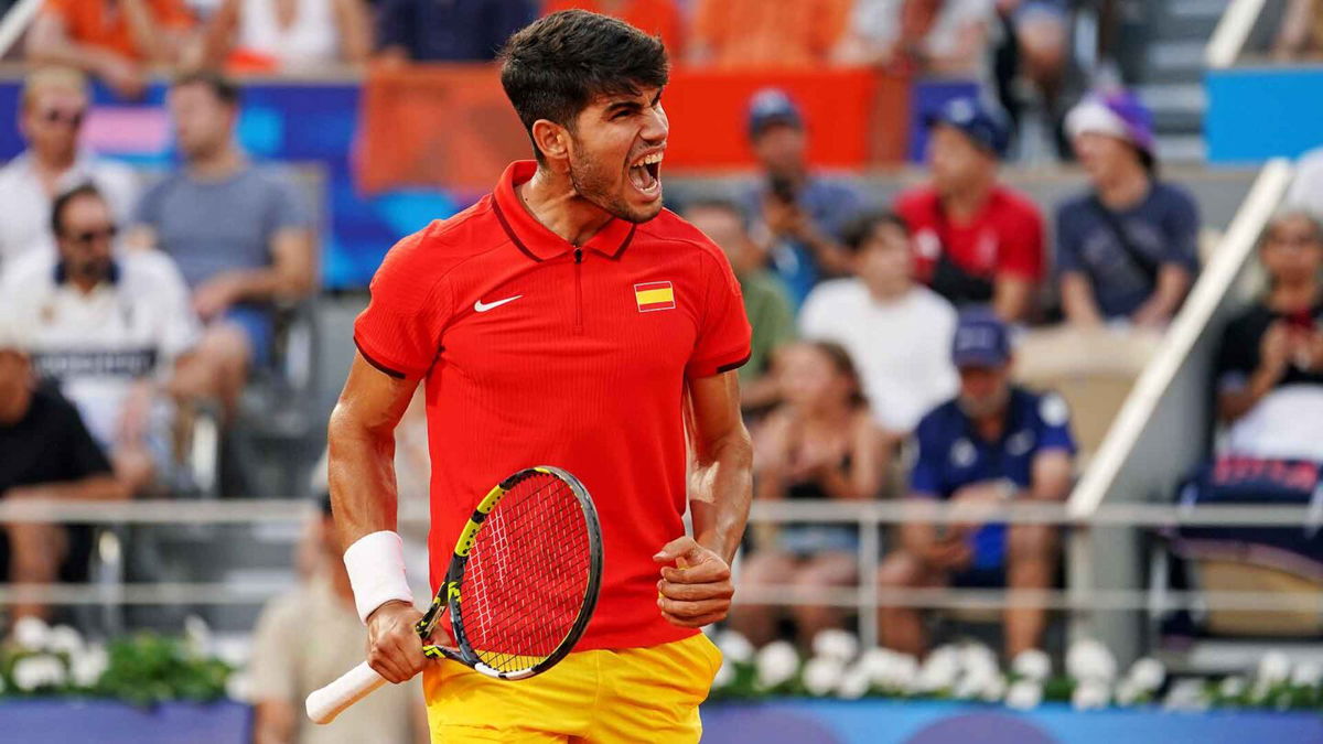 Carlos Alcaraz (ESP) celebrates after defeating Tallon Griekspoor (NED) in the men’s tennis singles second round during the Paris 2024 Olympic Summer Games at Stade Roland Garros.