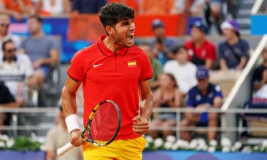 Carlos Alcaraz (ESP) celebrates after defeating Tallon Griekspoor (NED) in the men’s tennis singles second round during the Paris 2024 Olympic Summer Games at Stade Roland Garros.