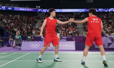 Sheng Shu Liu and Ning Tan (CHN) compete in a women's doubles badminton match during the Paris 2024 Olympic Summer Games at Adidas Arena.