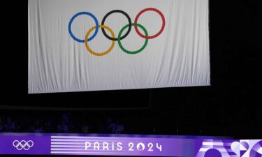 An Olympic ring flag during the Paris 2024 Olympic Summer Games at the Porte de La Chapelle Arena.