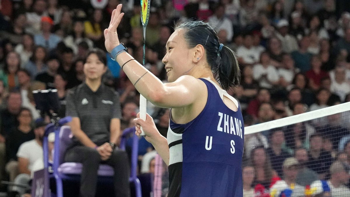 Beiwen Zhang (USA) celebrates after defeating Tiffany Ho (AUS)