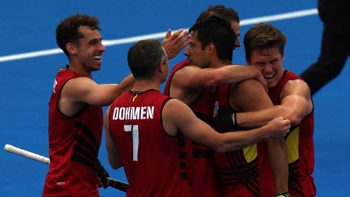 Belgium's players celebrate their second goal in the men's pool B field hockey match between Belgium and Ireland during the Paris 2024 Olympic Games at the Yves-du-Manoir Stadium in Colombes on July 27