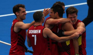 Belgium's players celebrate their second goal in the men's pool B field hockey match between Belgium and Ireland during the Paris 2024 Olympic Games at the Yves-du-Manoir Stadium in Colombes on July 27