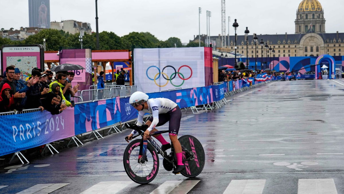 Chloe Dygert (USA) in the women's individual time trial road cycling during the Paris 2024 Olympic Summer Games at Grand Palais-Pont Alexandre III.