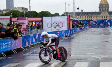 Chloe Dygert (USA) in the women's individual time trial road cycling during the Paris 2024 Olympic Summer Games at Grand Palais-Pont Alexandre III.