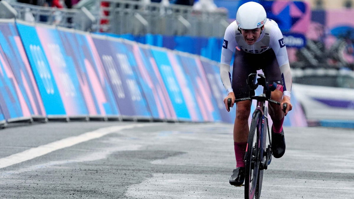 Chloe Dygert (USA) in the women's individual time trial road cycling during the Paris 2024 Olympic Summer Games at Grand Palais-Pont Alexandre III