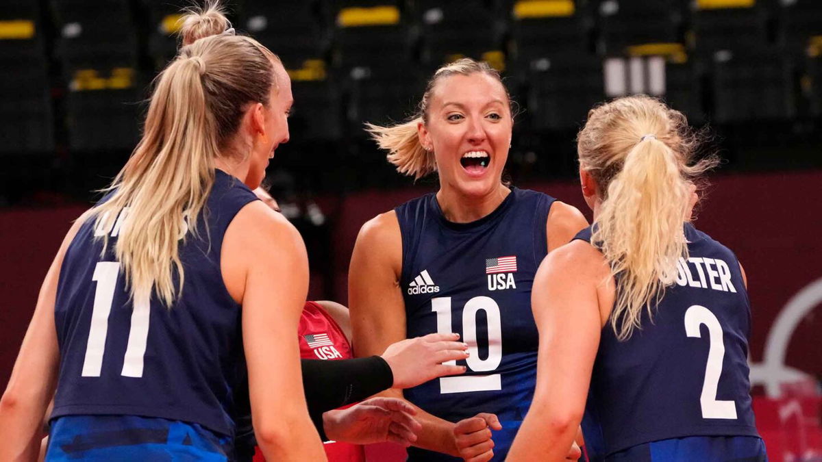 USA player Jordan Larson (10) reacts while USA plays Serbia during the Tokyo 2020 Olympic Summer Games at Ariake Arena.