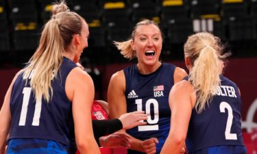 USA player Jordan Larson (10) reacts while USA plays Serbia during the Tokyo 2020 Olympic Summer Games at Ariake Arena.