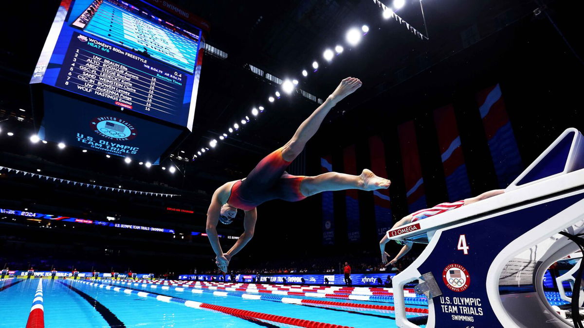 Katie Ledecky of the United States starts a preliminary heat of the Women's 800m freestyle on Day Seven of the 2024 U.S. Olympic Team Swimming Trials at Lucas Oil Stadium on June 21