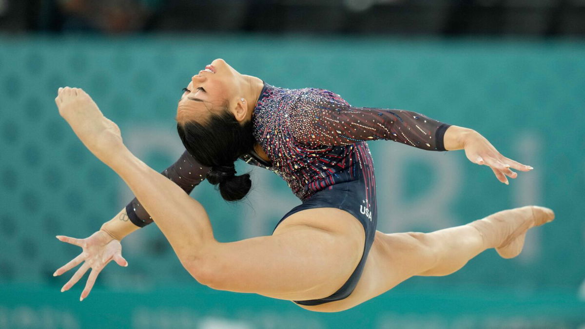 Sunisa Lee during a practice session before the Paris 2024 Olympic Summer Games at Bercy Arena.