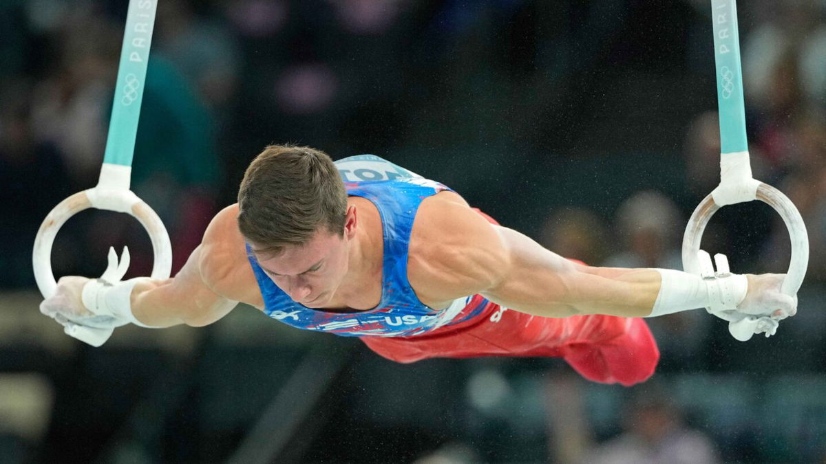 USA gymnast Brody Malone performs on the rings during the Paris 2024 Olympic Summer Games at Bercy Arena.