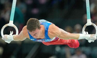 USA gymnast Brody Malone performs on the rings during the Paris 2024 Olympic Summer Games at Bercy Arena.