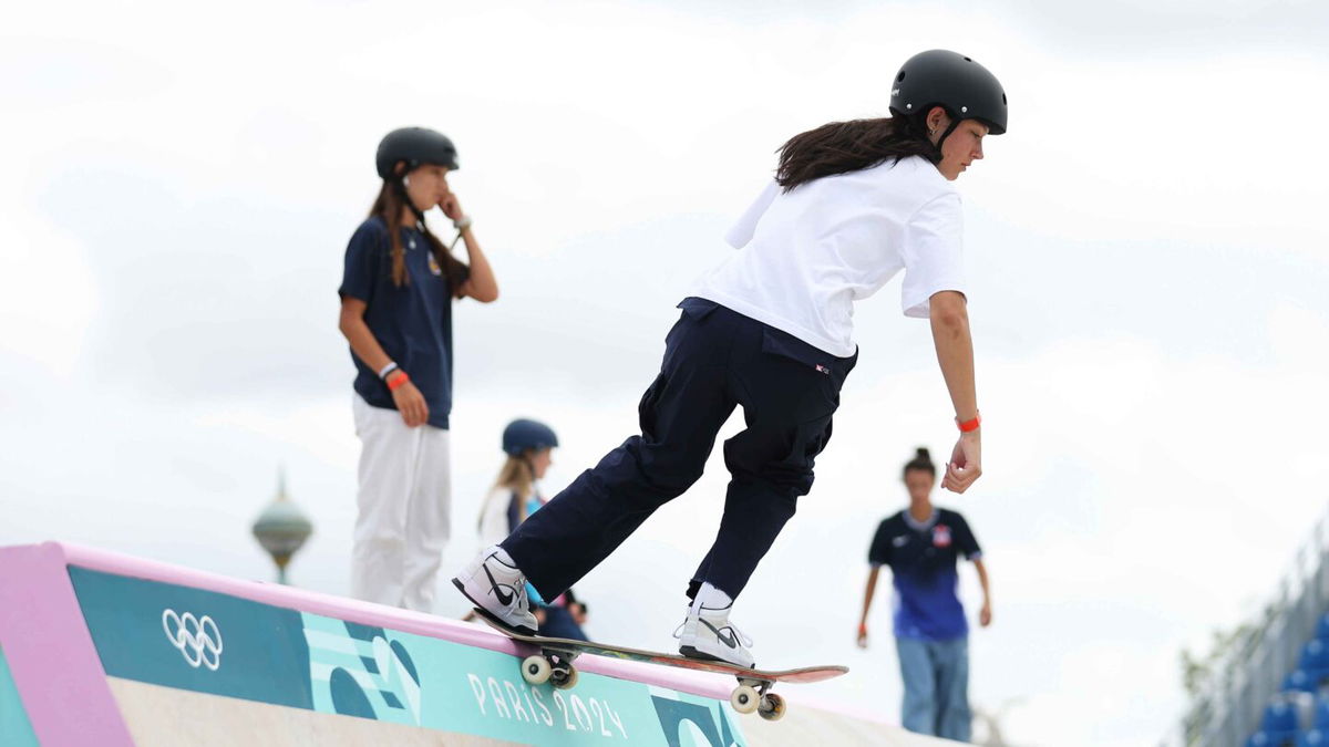 Paige Heyn of Team United States practices during a Skateboarding training session ahead of the Paris Olympic Games at La Concorde on July 23