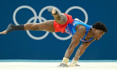 USA gymnast Frederick Richards performs on the floor exercise during the Paris 2024 Olympic Summer Games at Bercy Arena.