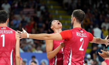 United States of America setter Micah Christenson (11) and outside hitter Aaron Russell (2) react before the match against Argentina during the Paris 2024 Olympic Summer Games at South Paris Arena 1.