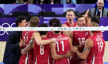 United States of America men's volleyball players celebrate after defeating Argentina during the Paris 2024 Olympic Summer Games at South Paris Arena 1.