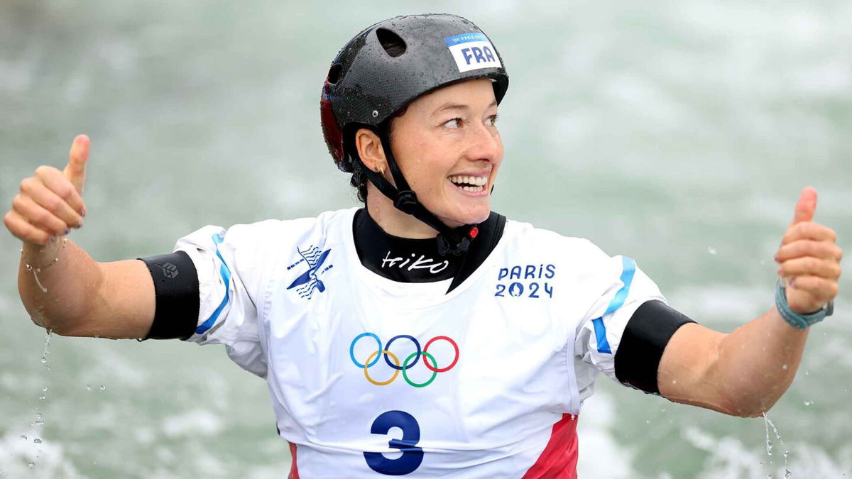 Camille Prigent of Team France reacts after competing in the Women’s Kayak Single Heats 2nd Run on day one of the Olympic Games Paris 2024 at Vaires-Sur-Marne Nautical Stadium on July 27