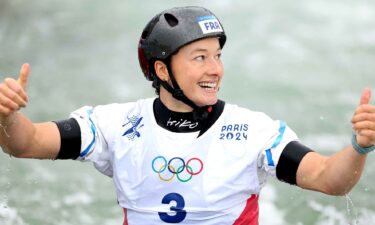 Camille Prigent of Team France reacts after competing in the Women’s Kayak Single Heats 2nd Run on day one of the Olympic Games Paris 2024 at Vaires-Sur-Marne Nautical Stadium on July 27