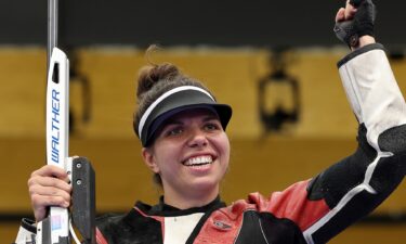 Switzerland's Chiara Leone wins the women's 50m rifle 3 positions final