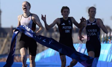 A photo finish at the tape during mixed relay triathlon