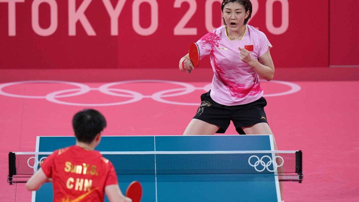 Chinese teammates Chen Meng and Sun Yingsha during the women's singles table tennis final at 2020 Tokyo Olympic Games