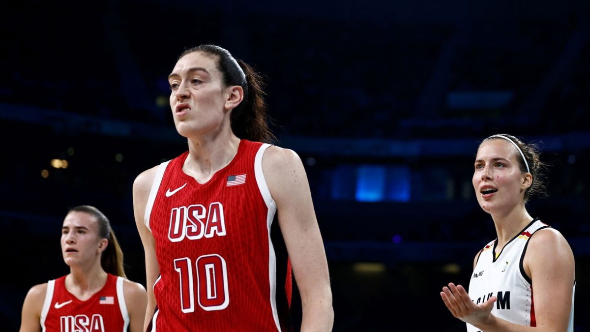 Breanna Stewart reacts after foul vs. Belgium