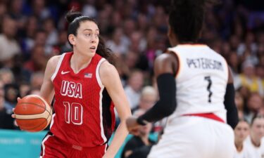 Breanna Stewart dribbles up court vs. Germany