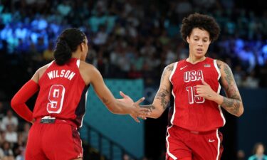 A'ja Wilson high-fives Brittney Griner vs. Nigeria