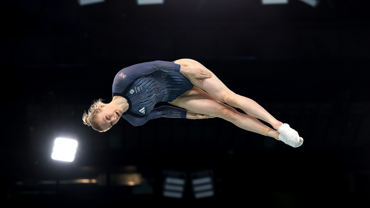 Bryony Page flys on the trampoline