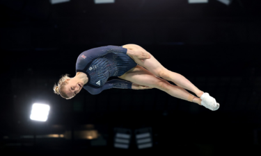 Bryony Page flys on the trampoline