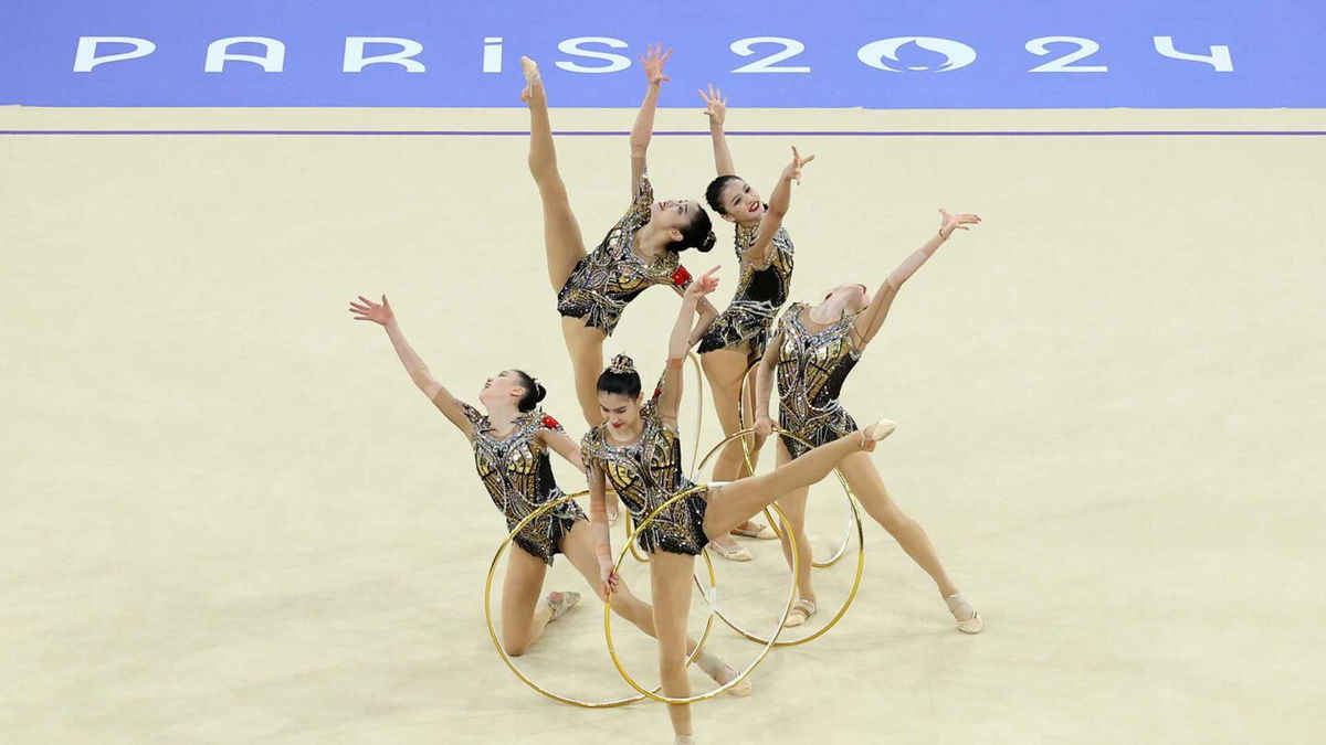 China competes during the rhythmic gymnastics group all-around competition at the 2024 Paris Olympics.