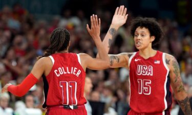 Napheesa Collier and Brittney Griner high-five vs. Belgium