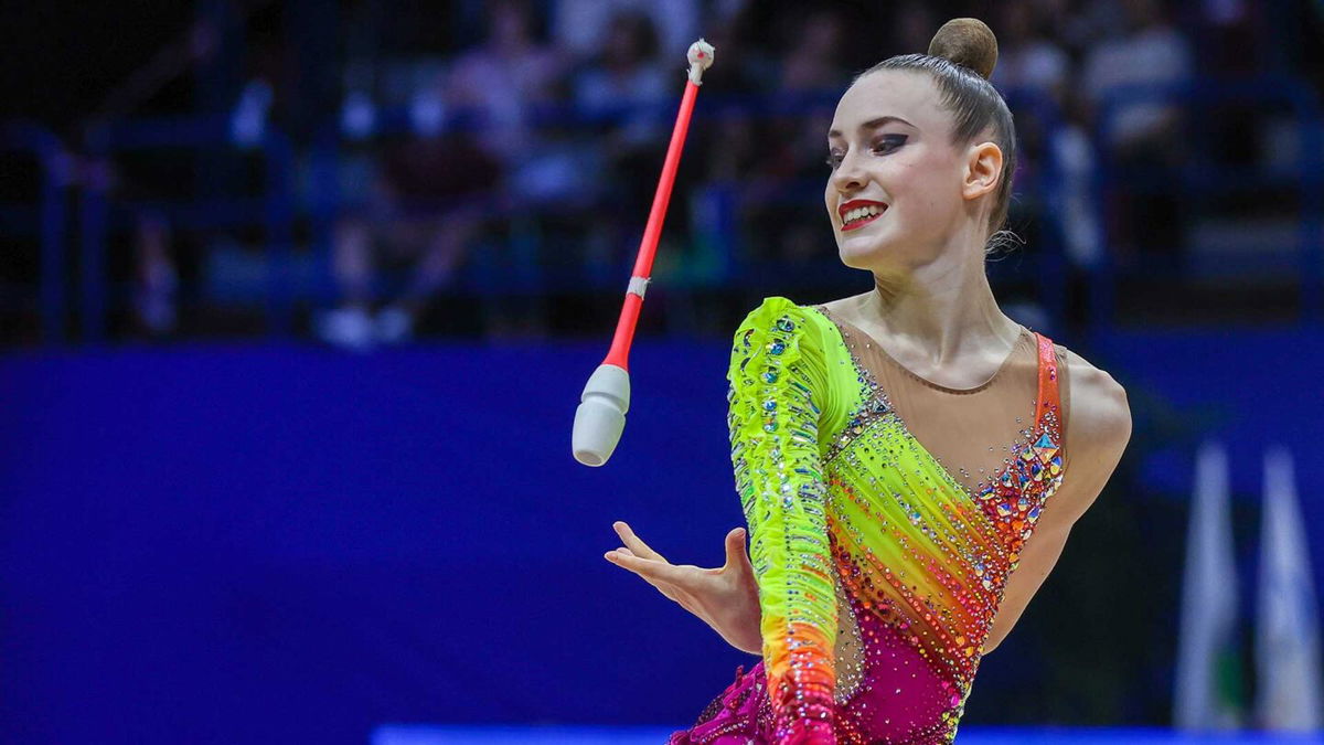 Darja Varfolomeev performs during the clubs competition in the 2024 Rhythmic Gymnastics FIG World Cup Finals.