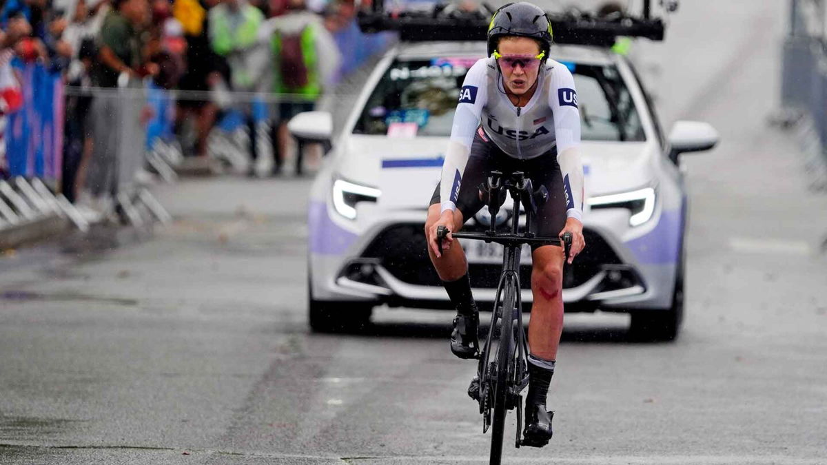 Chloe Dygert races in the women's time trials at the 2024 Paris Games.