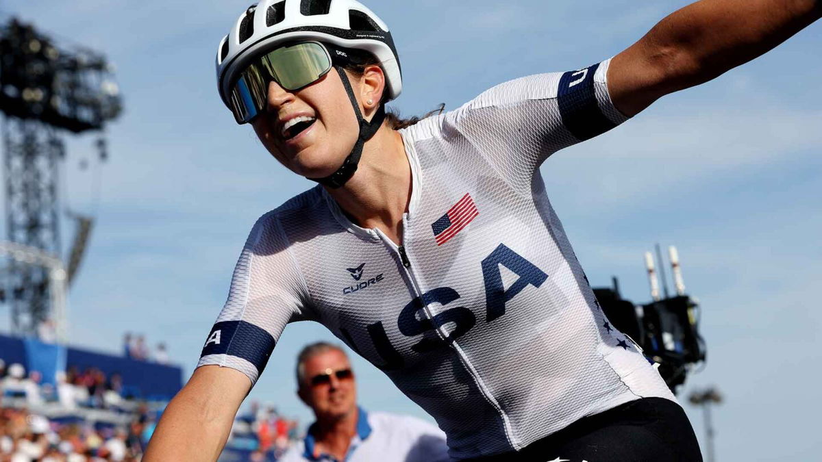 Kristen Faulkner wins the women's road race at the 2024 Paris Games.