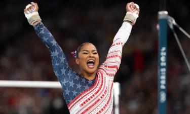 Jordan Chiles celebrates after her bar routine during the team final at the 2024 Paris Olympics