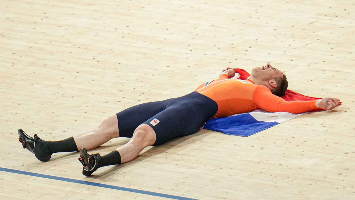 Harrie Lavreysen celebrates winning the men's keirin.