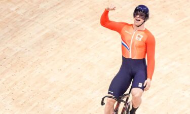 Harrie Lavreysen celebrates his world record in the men's individual sprint.