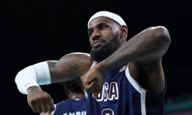 LeBron James celebrates basket vs. Puerto Rico