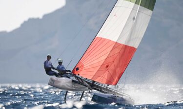 Ruggero Tita and Catarina Marianna Banti of Team Italy compete in the Mixed Multihull Nacra class on day eight of the Paris 2024 Olympic Games.